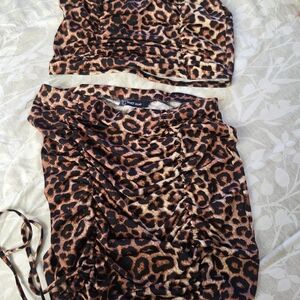 Ruched Leopard Print Midi Skirt - Brown/Black